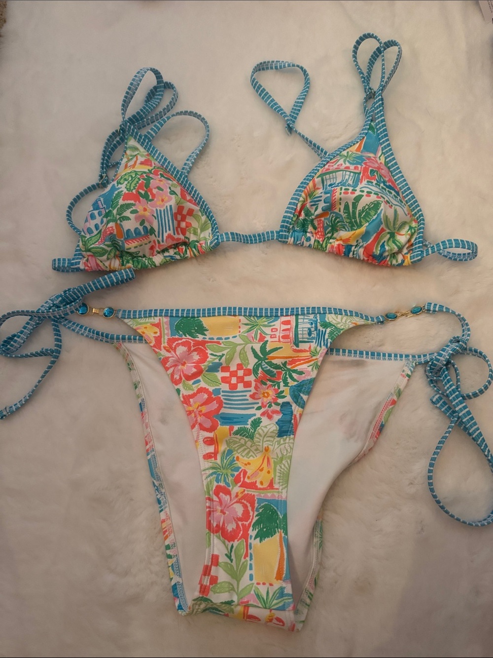 Tropical Floral String Bikini set with jewels - Blue Trim
